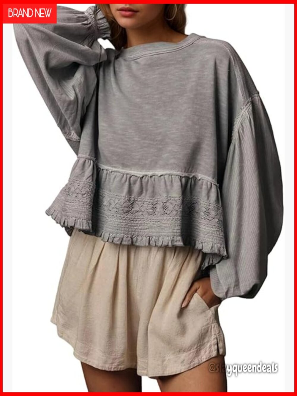 Oversized Crop Sweatshirt with Puff Sleeves and Lace Detail